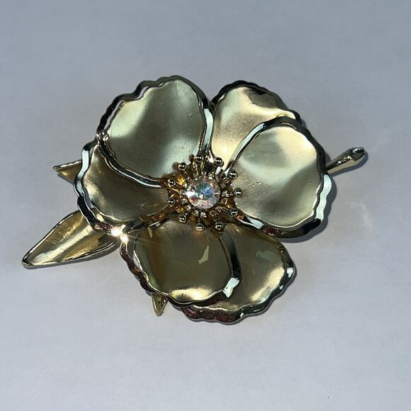 Unbranded Jewelry - Vintage Brooch Pin Big Gold Tone Flower Blossom Aurora Borealis 3.5”
